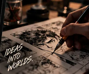 A hand inking manga panels at a desk